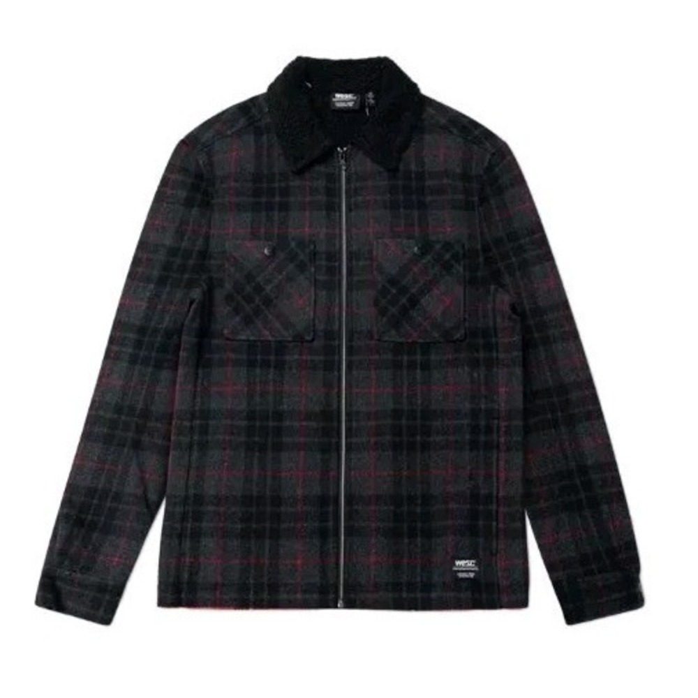 Wesc Sherpa Lined Plaid Shirt Jacket XL Men Unisex Zip Gray Red Faux Fur Outdoor